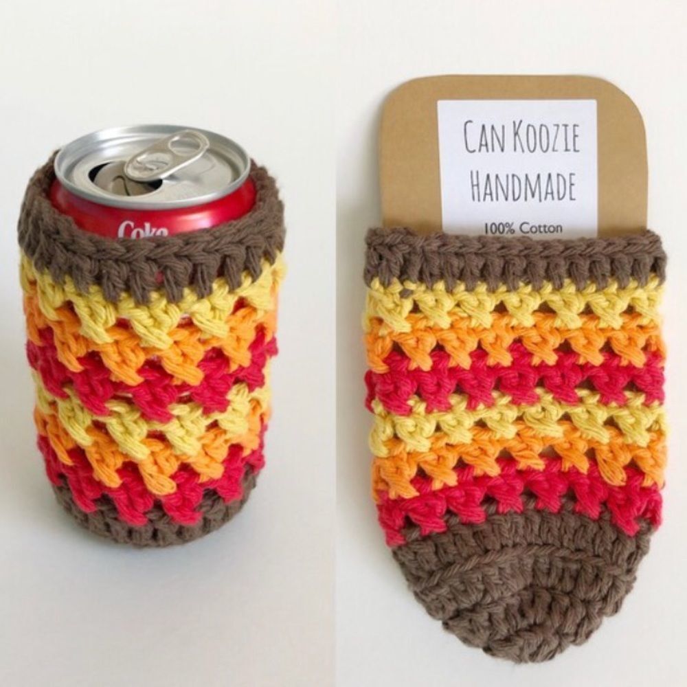 Hand Crafted Crochet Cozy Cup 12oz Can Autumn Red Yellow Orange Brown Boho Retro